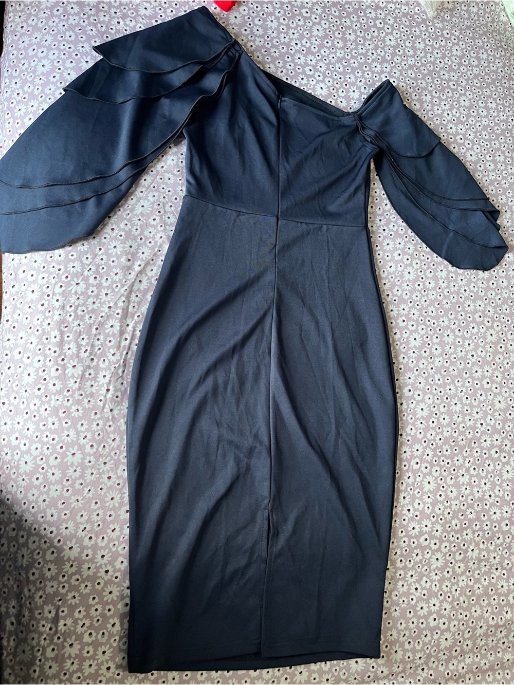 One-Shoulder Black Midi Dress with Layered Puff Sleeve